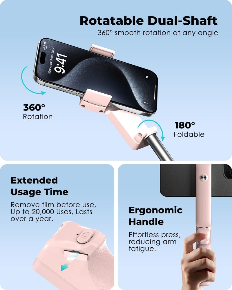 Viozon Portable Selfie Stick, Lightweight Extendable Stainless Steel Tube,All-in-One Compact Selfie Stick with Wireless Remote Compatible with 4-7" iPhone/Android Phones for Vlog/Travel/Filming, Pink - Image 4